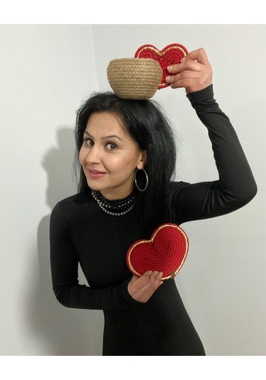 Sevgililer Günü Hediyesi, Kalpli Fincan Sepet, Dekoratif Sepet, Hediyelik Sepet, Dekor Sepet, Çok Amaçlı Sepet Kırmızı - Kahverengi