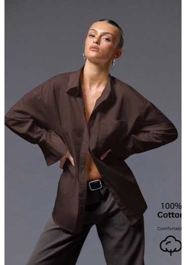 Tarz Cool Kadın Oversize Gömlek Uzun Kollu Basic Salaş Kesim Poplin Trend Şık Günlük Gömlek Kahverengi
