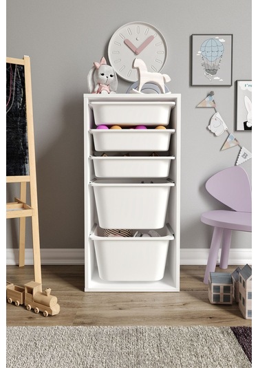 %100 Mdf - Medium Mono 5 Sepetli Oyuncak Dolabı Beyaz