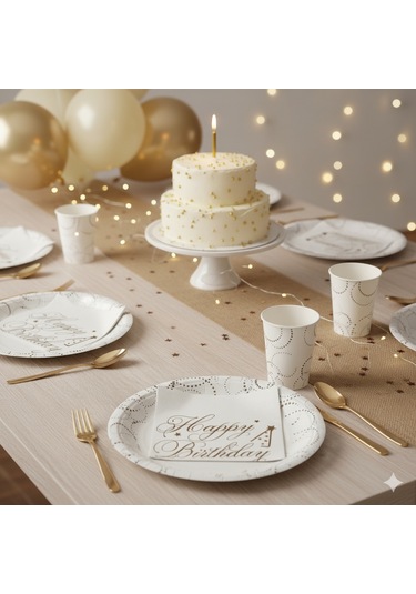 Tabak Elegant İyi Ki Doğdun Beyaz Noktalı 23cm 6lı Lüks Doğum Günü Tabağı