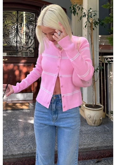 Madmext Pembe Çizgili Kadın Triko Hırka Mg2481 Pembe