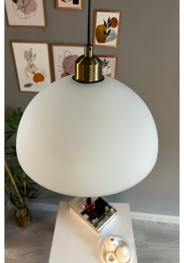 Perry Beyaz Cam Tekli Avize Yarım Lale Başlık Retro Sarkıt Lamba Restoran Salon Aydınlatma Beyaz