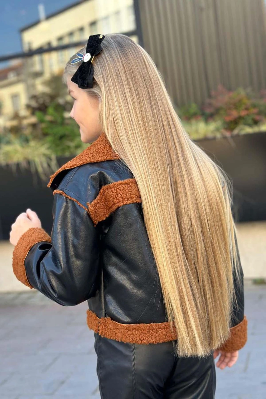 Riccotarz Kız Çocuk Kolları Ve Yakası Peluş Detaylı Siyah Ceket Dik Yaka Kazak Deri Alt Üst Takım Siyah