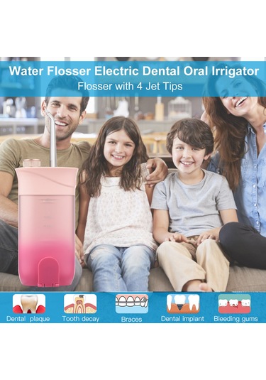 Qingmipy Taşınabilir Şarjlı Diş İrrigatörü, 200ml Su Tankı, 4 Nozul, Ipx7 Su Geçirmez, Pembe Renk