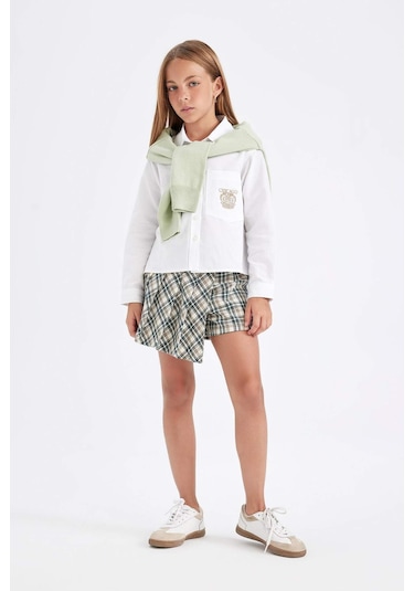 DeFacto Kız Çocuk Beli Lastikli Pileli Ekose Şort Etek C7296A824AUGN1116 Yeşil