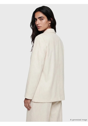 Lc Waikiki Bej Çizgili Keten Karışımlı Kadın Blazer Ceket