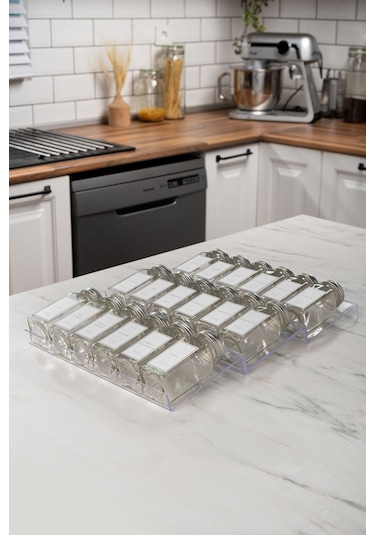 18'li Şeffaf Pleksi Standlı Cam Baharatlık Seti Kapaklı Beyaz Etiketli Baharatlık Takımı Mh02slvr18 Beyaz - Şeffaf