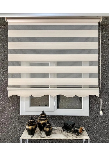 Krem Geniş Pliseli Zebra Stor Perde Eteği Dilimli Alüminyum Kasa+metal Ayak