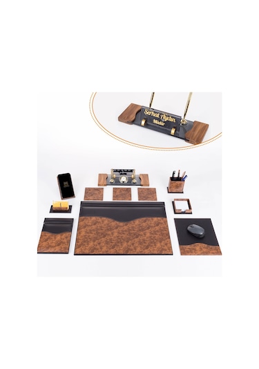 9 Parça Kök Ağaç Ahşap Desen Siyah Lüks Sümen Takımı Elit Kristal Ofis Masa İsimliği Sümen Seti