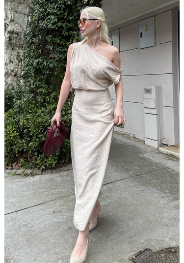 Madmext Madmext Taş Rengi Düşük Omuz Elbise Mg2349 Taş Rengi Taş