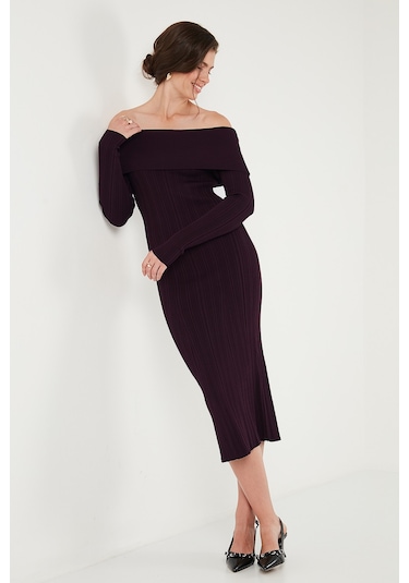 Lela Premium Fitilli Carmen Yaka Slim Fit Midi Boy Triko Bayan Elbise 680El00033 Mürdüm