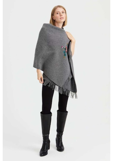 Desen Triko Kadın Triko Pirinç Örgü İşlemeli Yün Şal 23030 Füme