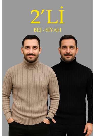 Erkek Fitilli Triko Kazak 2li Set Bej Siyah Regular Balıkcı Yaka Tam Boğazlı Triko Seti Modeli Kazak Siyah