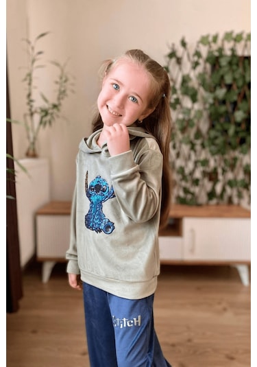3-10 Yaş Stitch Kadife Kız Çocuk Takım Haki Haki