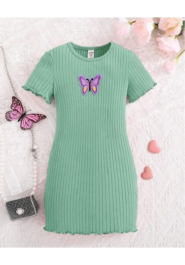 Kelebek Detaylı Fitilli Kız Çocuk Elbise Haki