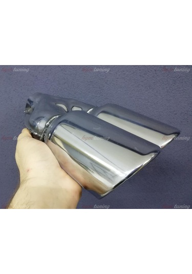 Yuvarlak Eğik Ağız 90mm Çift Çıkış Egzoz Ucu. Paslanmaz Krom