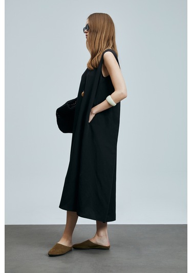 Lufian Grace Kadın Lyocell Karışımlı Keten Elbise Siyah Siyah 121290018100100 Siyah