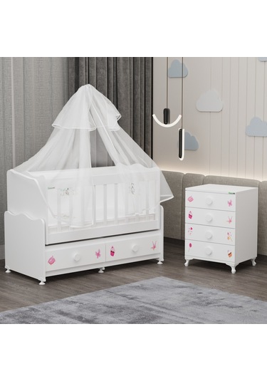 Elegant Mdf Çıtalı Beşik + Şifonyer Yatak Uykuseti - Prenses Beyaz