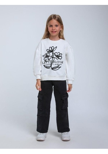 Kız Çocuk Çiçek Nakışlı Sweatshirt-14248 Beyaz