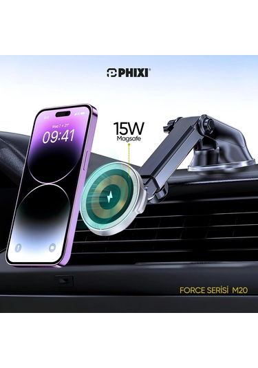 Phixi Force M20 15w Hızlı Şarj Kablosuz Araç Şarj Cihazı Tutucu, Manyetik Katlanabilir Telefon Tutucu