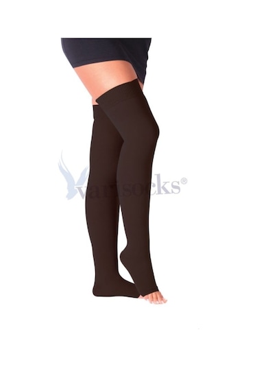Orta Basınç Diz Üstü Burnu Açık Siyah Varis Çorabı Diz Üstü Çorap