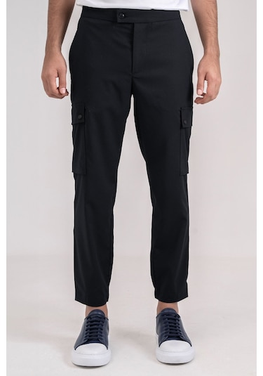 Giotelli Erkek Siyah Dar Kesim Slim Fit Viskon Dokuma Kargo Cep Normal Bel Pantolon