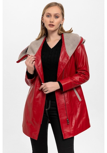 Kırmızı Julia Triko Kapüonlu Kemerli Hakiki Kadın Deri Kaban-kırmızı Kırmızı