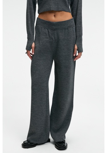 Grımelange Marıposa Kadın Yuvarlak Yaka Çizgi Desenli Crop Geniş Paça Triko Antrasit Alt-üst Takım Antrasit