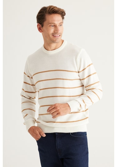 AC&Co / Altınyıldız Classics Erkek Ekru Karamel Standart Fit Normal Kesim Bisiklet Yaka Çizgili Triko Ekru