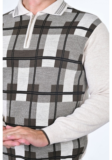 Kamalı Erkek Çelik Örgü Oduncu Desenli Gömlek Yaka Fermuarlı Polo Yakalı Tüylenmez Triko Kışlık Baba Kazak Taş