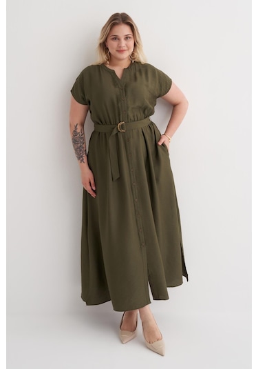 Beli Lastikli Cepli Kemer Detaylı Elbise-6230 Haki