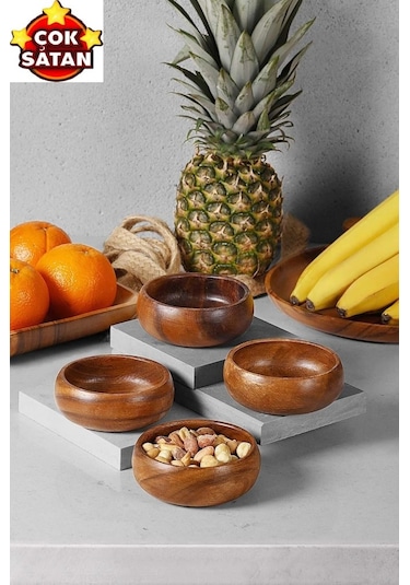4'lü Yuvarlak Akasya Çerezlik Sunumluk Seti 10cm Aks-113 Ahşap