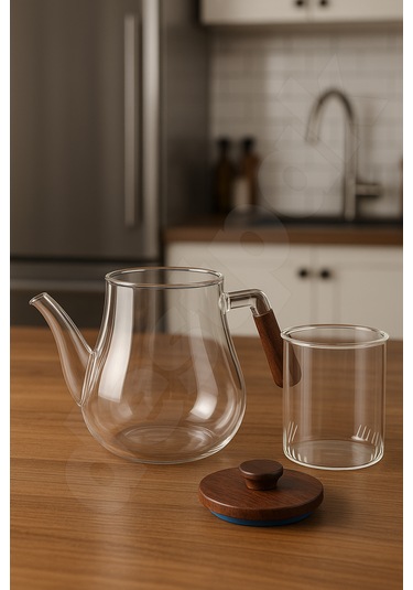 Akasya Kapaklı Ve Saplı Yuvarlak Cam Demlik - Isıya Dayanıklı - Cam Demlikli - Akasya Kapaklı Cam