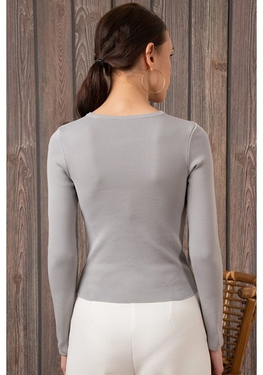 Kadın Degajeli Uzun Kollu Gri Bluz-Gri