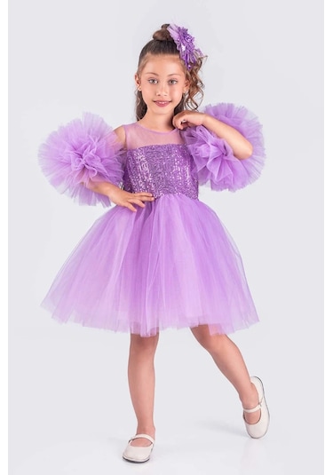 Kız Çocuk Abiye Elbise Ponpon Kol Pul Payetli Tütülü Lila