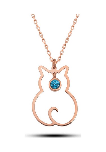 Gümüş Mart Ayı Doğum Taşı Kedi Kadın Kolye Gümüş