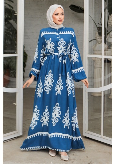 Edvil Dokuma Viskon Elbise 846 - İndigo