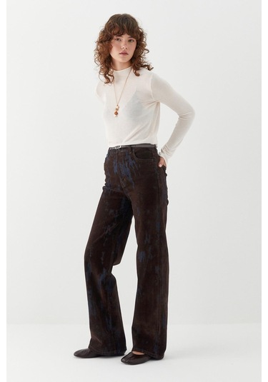 Wide Leg Baskılı Denim Pantolon Kahverengi Kahverengi