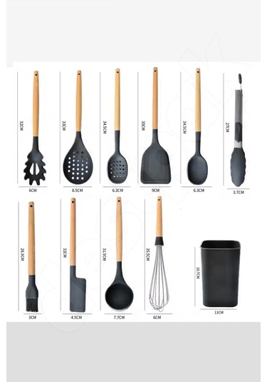 Siyah 11'li Bambu Saplı Silikon Servis Seti - Kepçe, Kevgir