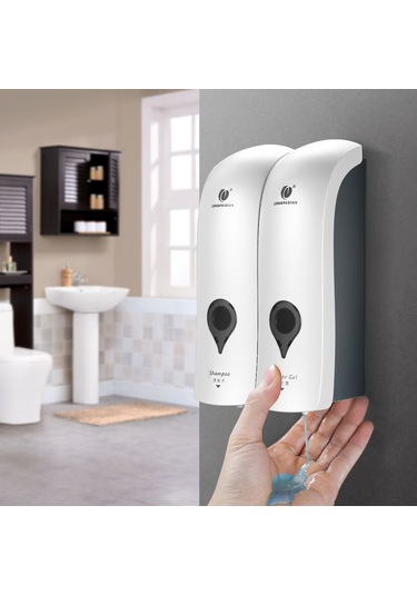 Vkemall Duvar Takılı 2'li 300ml Sabun Dispenseri - Duş Jeli Ve Şampuan Manuel Basma Pompası - Delik Açmayan Banyo Tüpü - Beyaz Beyaz