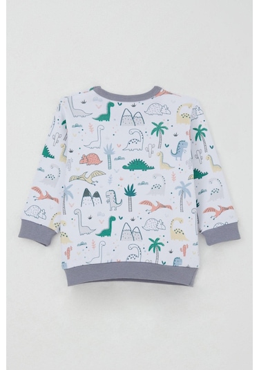 Breeze Erkek Bebek Eşofman Takım Omuzdan Patlı Sevimli Dinozorlar Desenli 4 Ay-1 Yaş, Beyaz Beyaz