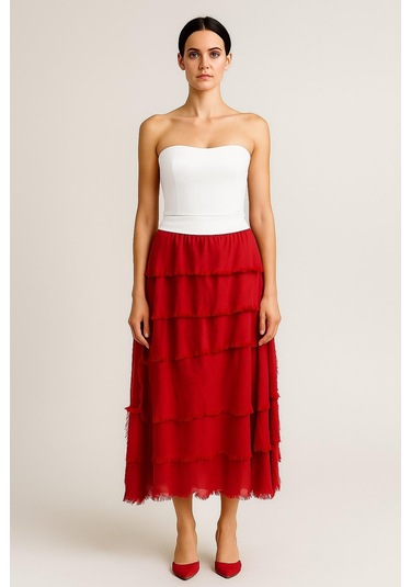 İtalyan 2 Beden Ince Gösteren Kat Kat Ipek Etek & Straplez Elbise Kırmızı