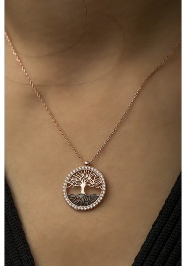 Kadın Hayat Ağacı Nano Zirkon Taşlı Rose 925 Ayar Gümüş Kolye Uvps100520