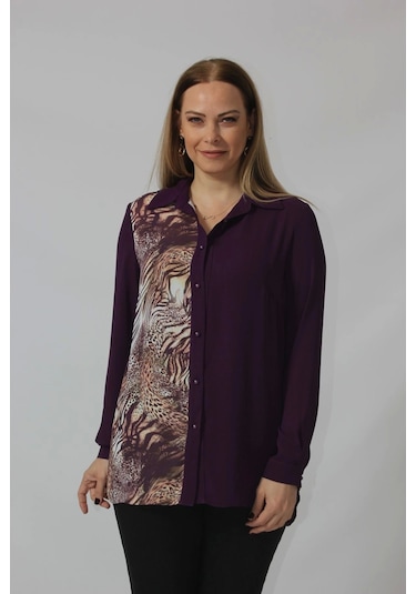 Moda Berray 2320 Leopar Desenli Şifon Gömlek Mürdüm