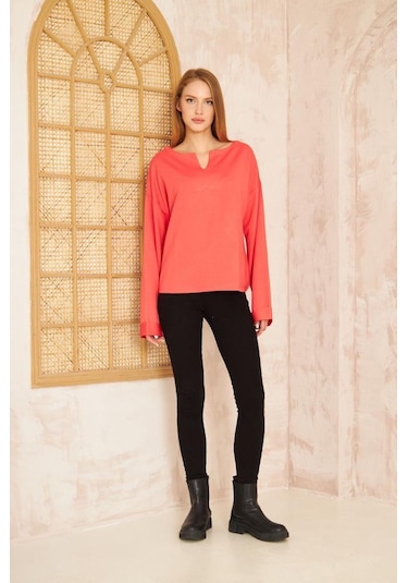 Kadın Ekstra Uzun Duble Kol / Yakası Yırtmaçlı Salaş Sweatshirt Bluz 3470190 Mercan