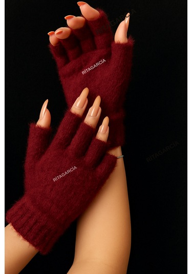 Peluş Kesik Parmak Eldiven Bordo 2