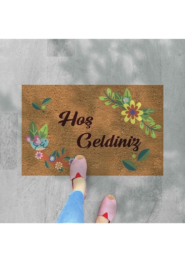 Hoş Geldiniz Yazılır Temalı Kedili Dekoratif Dış Kapı Önü Ve Iç Mekan Paspası Haki Yeşili