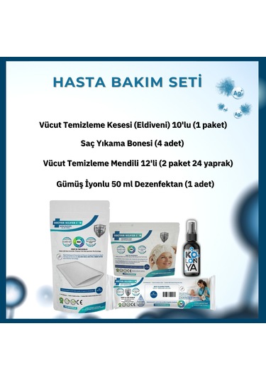 Gümüş İyonlu 1 Aylık Hasta Bakım Seti Vücut Kesesi, 2x Mendil, 4x Saç Bonesi, 50 Ml Dezenfektan