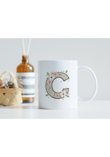 C Harfli Çiçek Desenli Kupa Bardak - Ekose Desenli Yeşil Pembe Desenli Tasarım - Kişiye Özel Hediye Beyaz