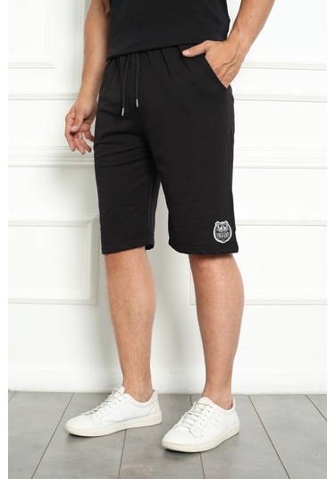 Erkek Şort Bermuda Kurt Armalı Beli Bağcıklı İpli Cepli Büyük Beden Geniş Beden Aralığı Siyah Nıc1067 R19 Siyah